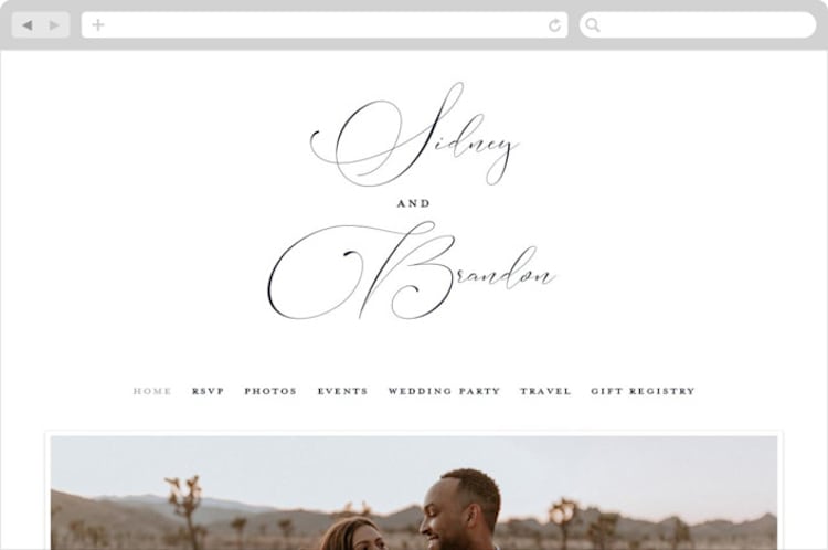 "Lightly Penned" - Wedding Website in Soft Black by Jessica Williams - Desktop Design