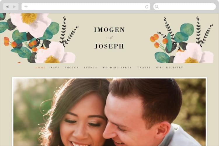 "Floral Splash" - Wedding Website in Wheat by Keen Peachy - Desktop Design