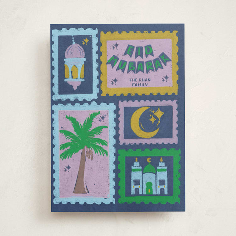 "Eid Joy - Lanterns, Moon & Mosque" - Eid Cards in Navy by Erum Khalili Art - Front