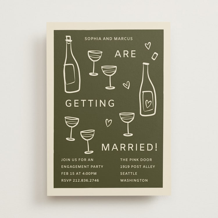 "Bottles of Love" - Engagement Party Invitations in Avocado by Ani Somi - Front