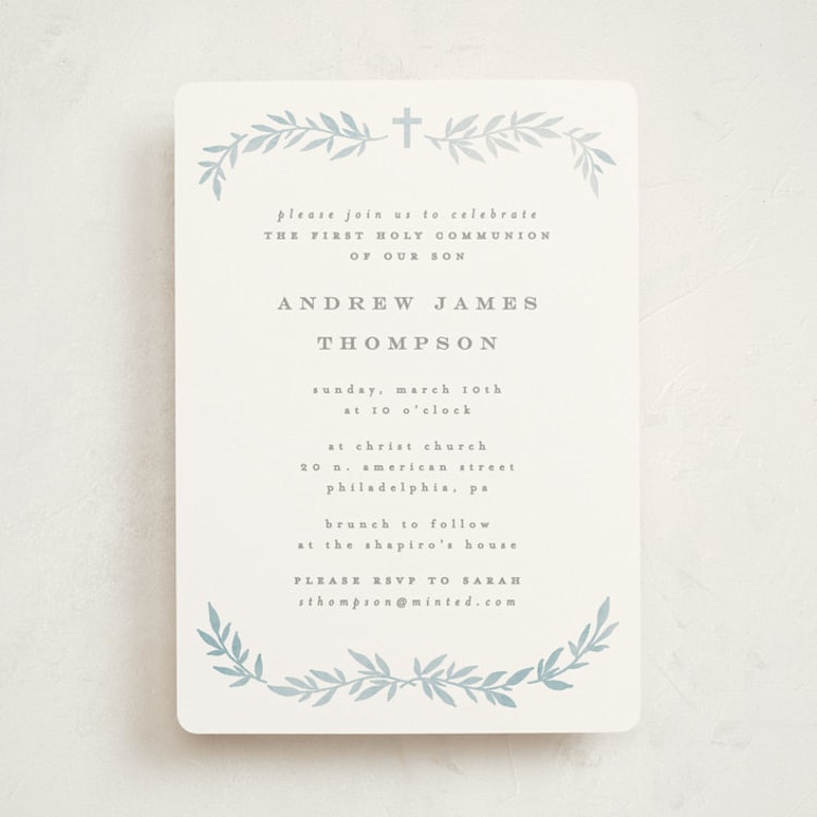 "Simple Foliage" - First Holy Communion Invitations in Mist by Everett Paper Goods - Front