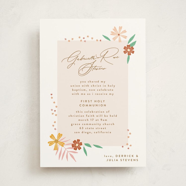 "Blooms" - First Holy Communion Invitations in Peach by Phrosné Barwood - Front