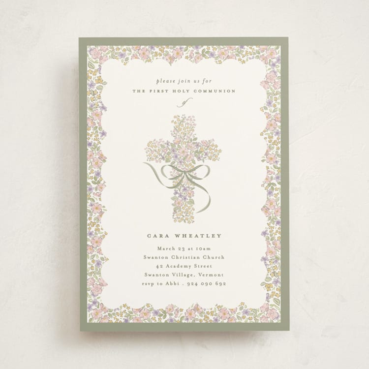 "Cottage Garden" - First Holy Communion Invitations in Sage by Corinne Malesic - Front