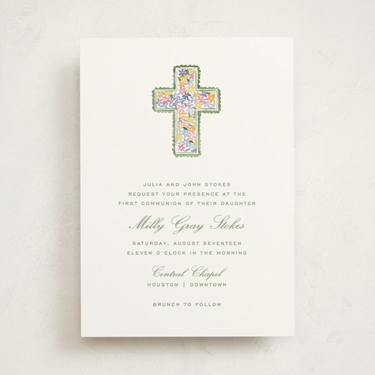 "Scalloped Cross" - First Holy Communion Invitations in Marsh by Pati Cascino - Front