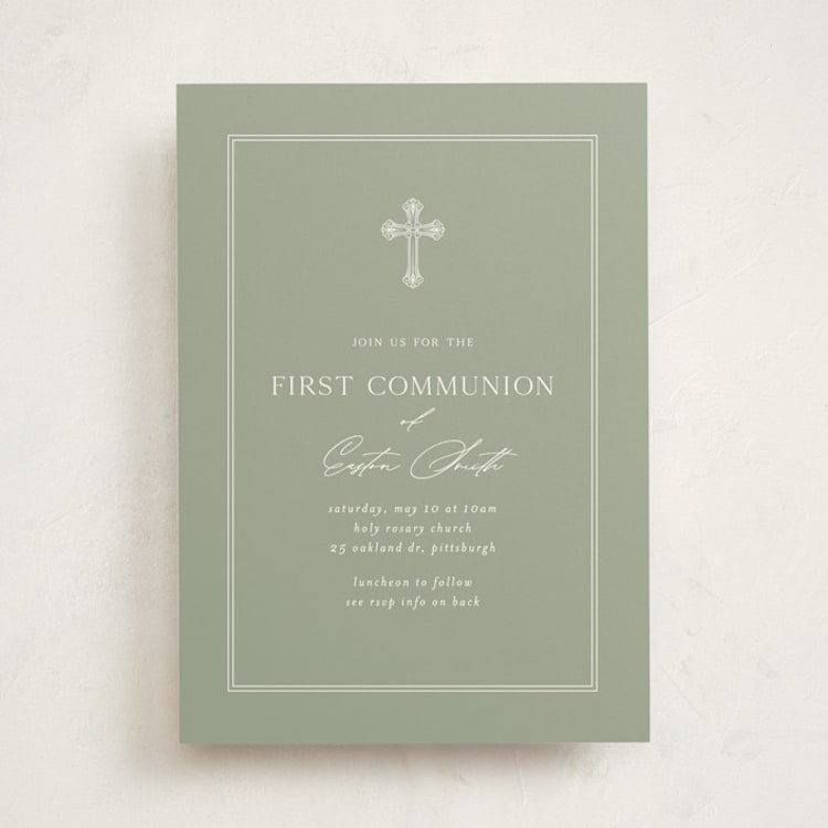"Ornate Cross" - First Holy Communion Invitations in Sage by Sarah Hawkins Designs - Front