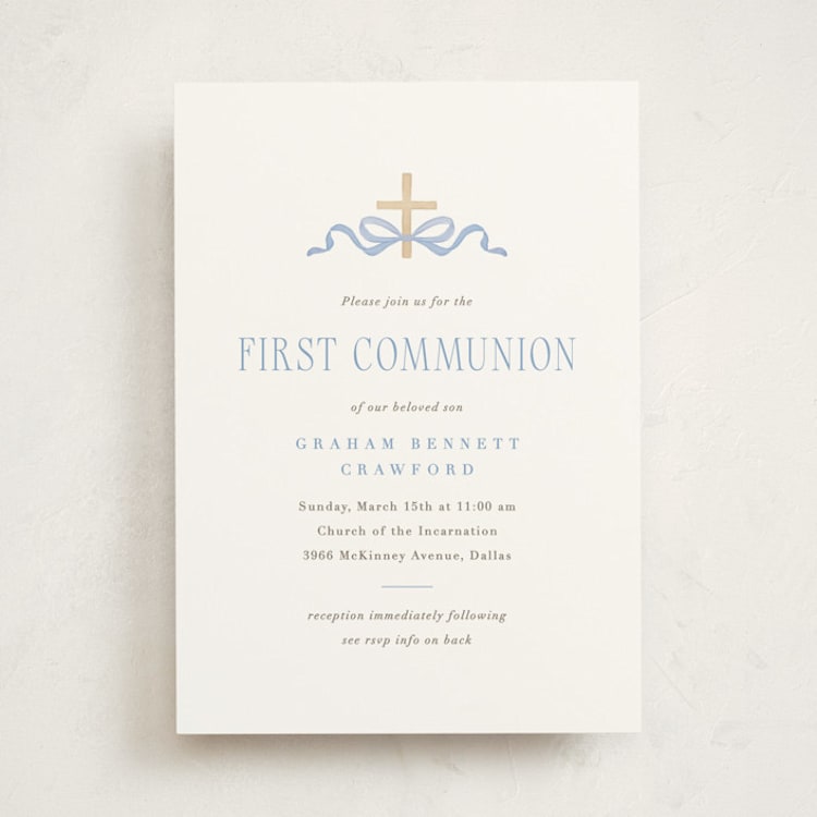 "Ribbon and Cross" - First Holy Communion Invitations in Celestial by Olivia Raufman - Front