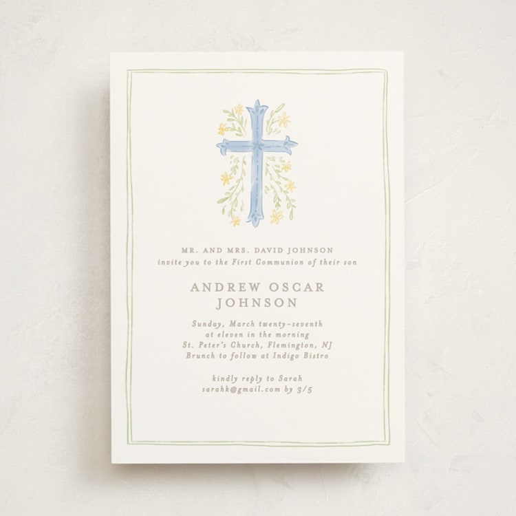 "Botanical Cross" - First Holy Communion Invitations in Blue Jay by Creo Study - Front