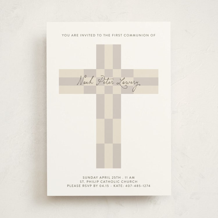 "Geo Cross" - First Holy Communion Invitations in Cobblestone by Gwen Bedat - Front
