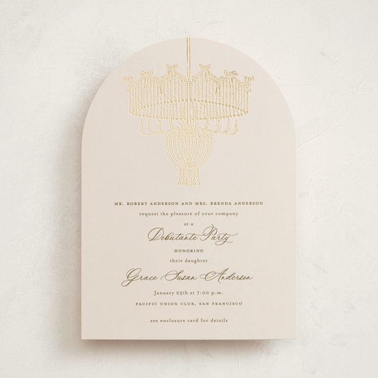 "Chandelier" - Foil-Pressed Debutante Party Invitations in Sand by Claudia Orengo - Front