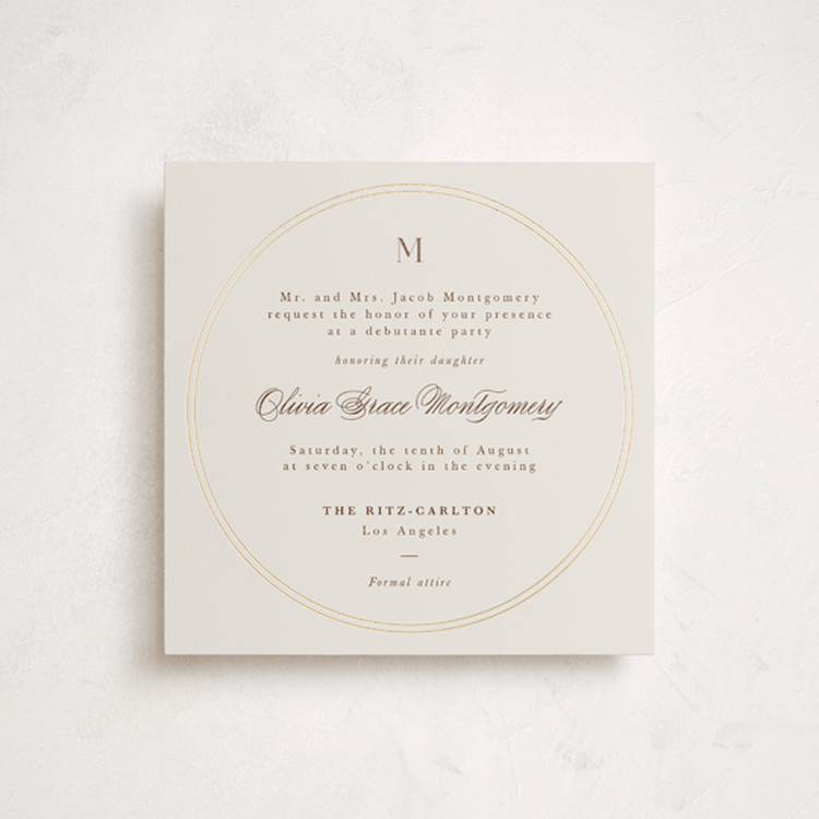 "Twin Circle" - Foil-Pressed Debutante Party Invitations in Chardonnay by Adelyn T. - Front