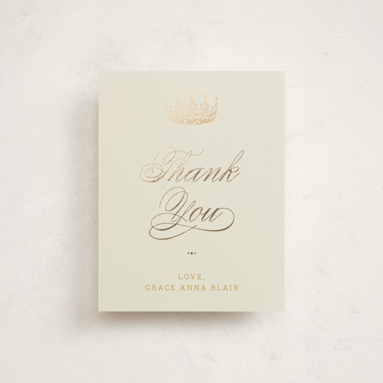 "Belle of the Ball" - Flat Foil-Pressed Quinceanera Thank You Cards in Caramel by Yolanda Mariak Chendak - Front