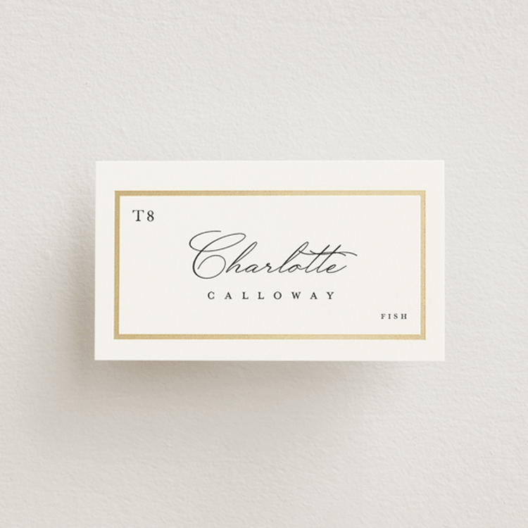 "Regal Frame" - Foil-Pressed Place Cards - Fish in Ivory by Lucrecia Caporale - Front