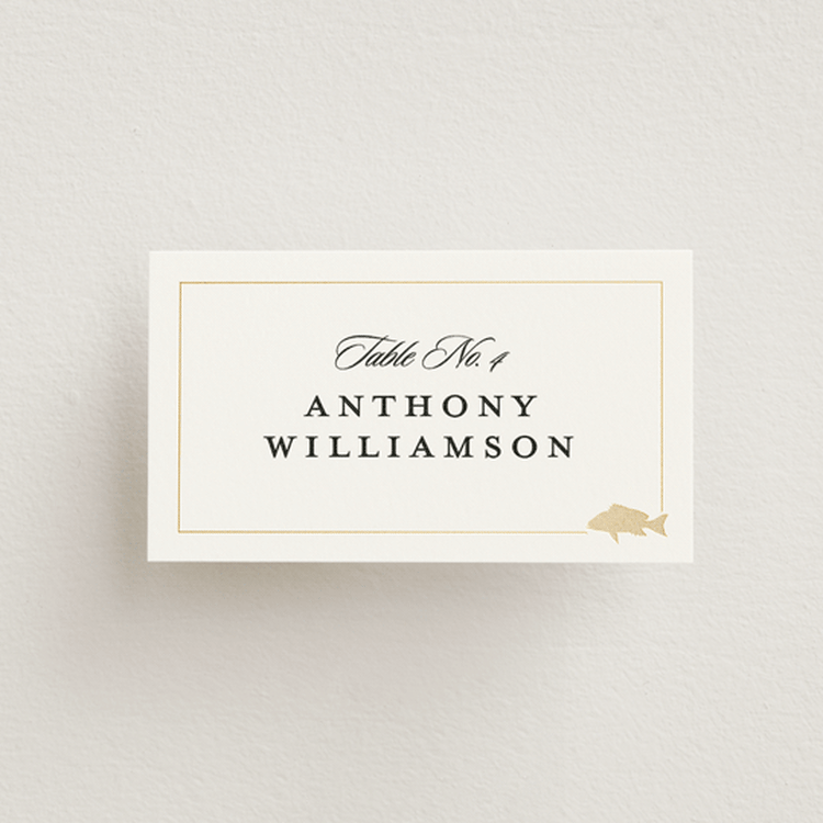 "Foil Meal Silhouettes" - Foil-Pressed Place Cards - Fish in Vanilla by Stacy Maalouf - Front
