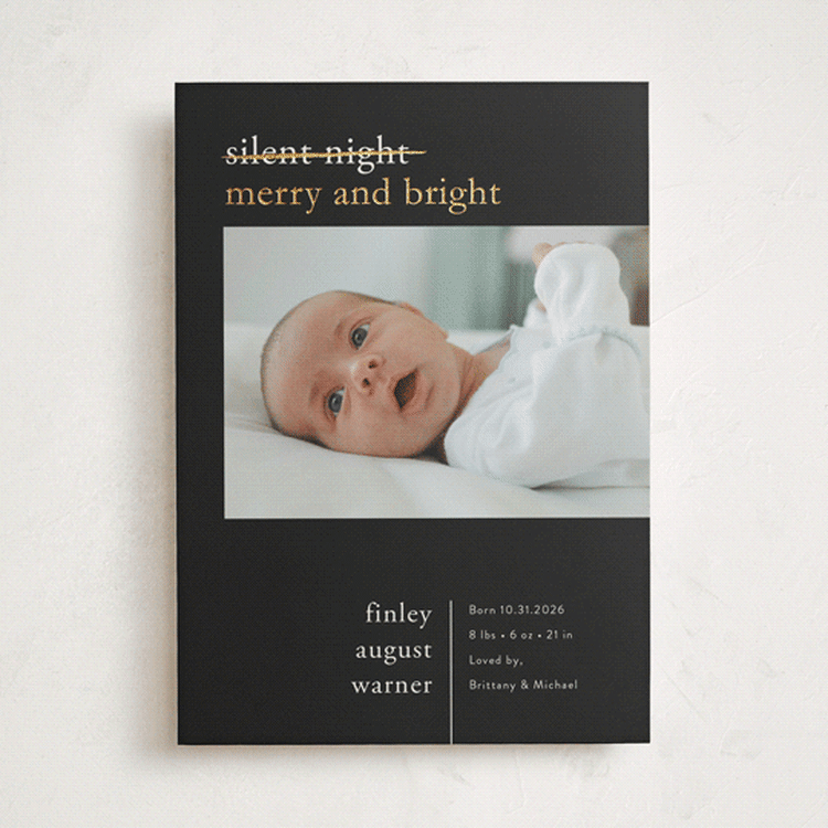 "Merry Nights" - Holiday Birth Announcement Cards in Midnight by Pink House Press - Front
