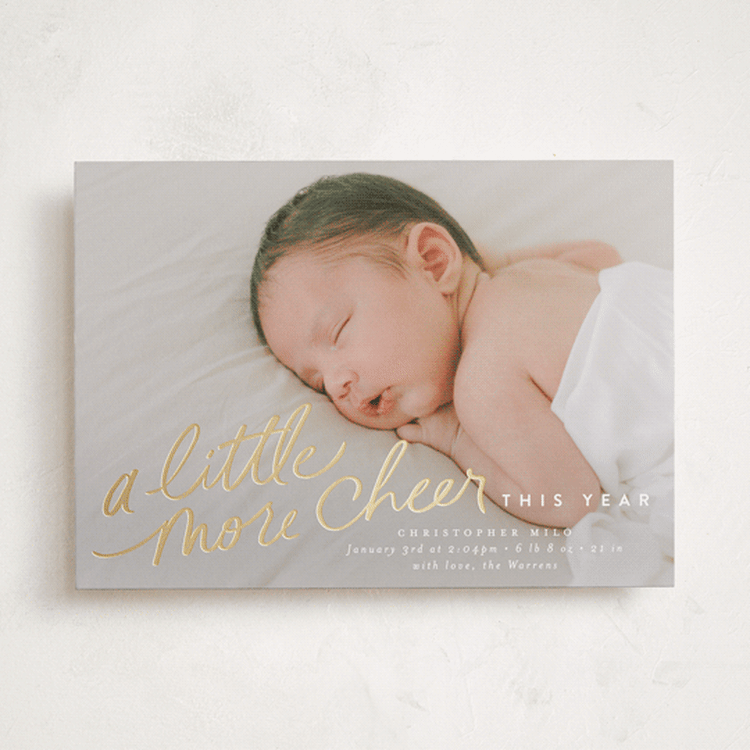 "More Cheer Now" - Holiday Birth Announcement Cards in Cotton by Everett Paper Goods - Front