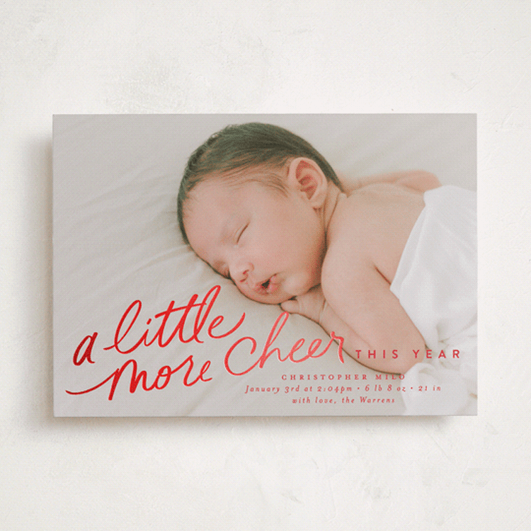"More Cheer Now" - Holiday Birth Announcement Cards in Candy Apple by Everett Paper Goods - Front