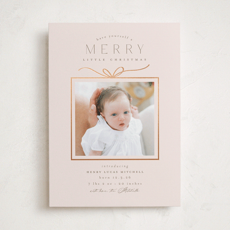 "Little Gift" - Holiday Birth Announcement Cards in Biscuit by Everett Paper Goods - Front