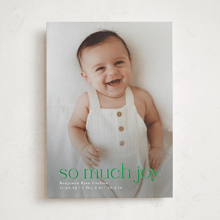 "Baby Joy" - Holiday Birth Announcement Cards in Snowfall by Mary Kay Garttmeier - Front