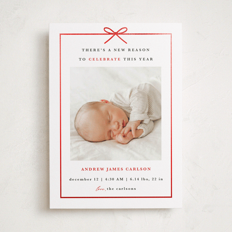 "Santa Says" - Holiday Birth Announcement Cards in Candy Cane by Maria Alou - Front