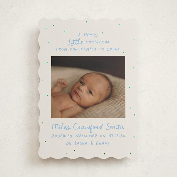 "Little Merry" - Holiday Birth Announcement Cards in Powder by Megan Davis - Front