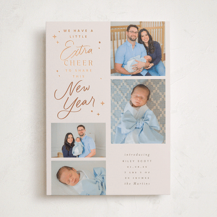 "Extra Cheerful" - Holiday Birth Announcement Cards in Biscuit by Everett Paper Goods - Front