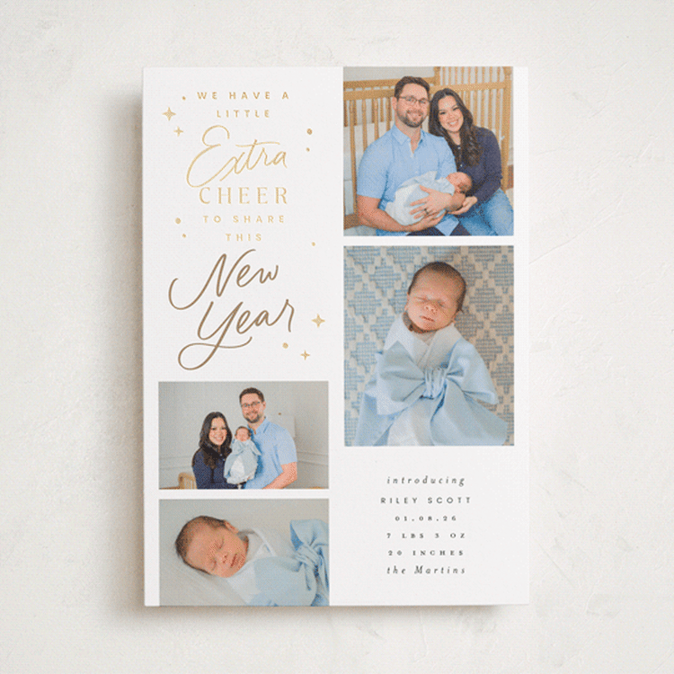 "Extra Cheerful" - Holiday Birth Announcement Cards in Snowfall by Everett Paper Goods - Front