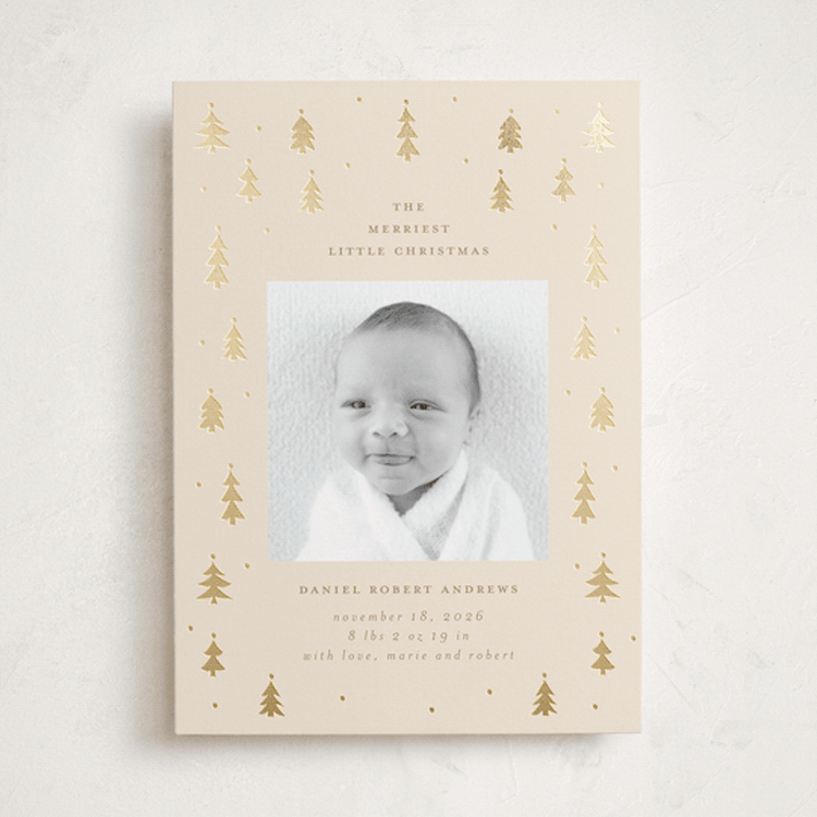 "Merry Little Trees" - Holiday Birth Announcement Cards in Candlelight by Jennifer Holbrook - Front