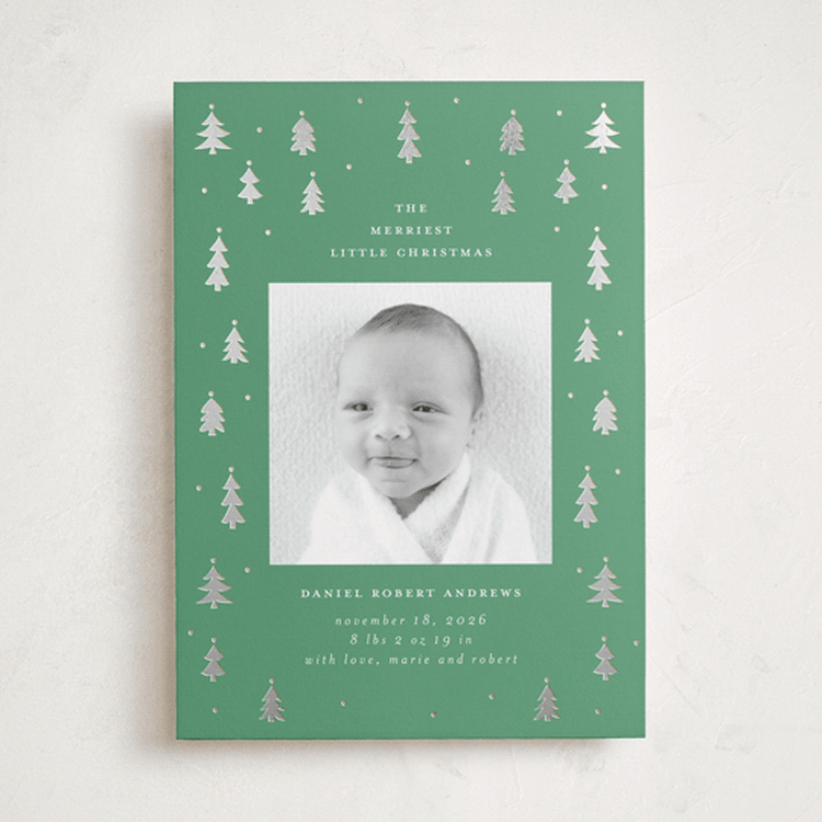 "Merry Little Trees" - Holiday Birth Announcement Cards in Forest by Jennifer Holbrook - Front