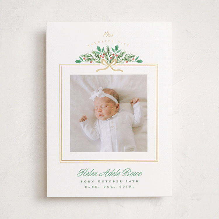"Favorite Gift" - Holiday Birth Announcement Cards in Sage by Alethea and Ruth - Front