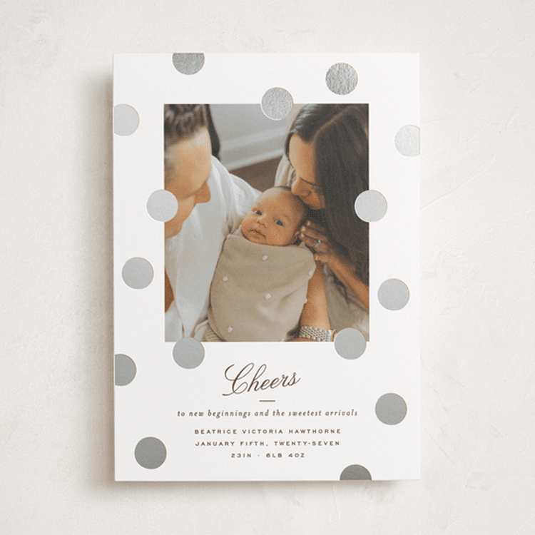 "Cheers to New Beginnings" - Holiday Birth Announcement Cards in Cocoa by Blustery August - Front