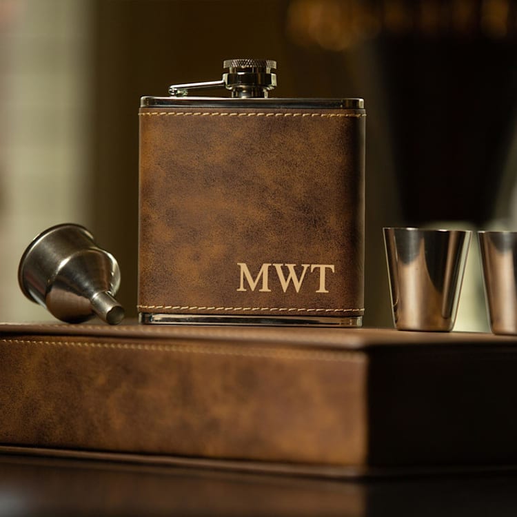 "Rustic Brown Custom Engraved Initials Flask Gift Set" - Flask in brown by Great Little Favor Co
