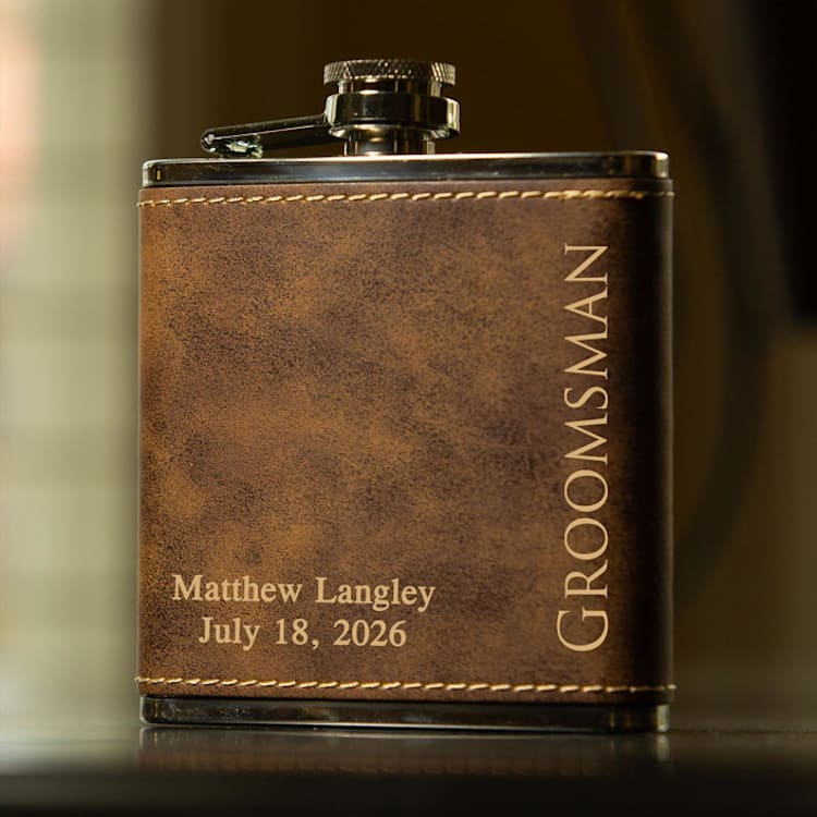 "Custom Engraved Rustic Brown Bridal Party Flask" - Flask in brown by Great Little Favor Co