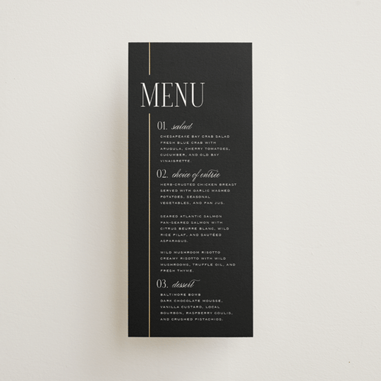 "Linear" - Foil-Pressed Menus in Silk by Laura Hankins - Front