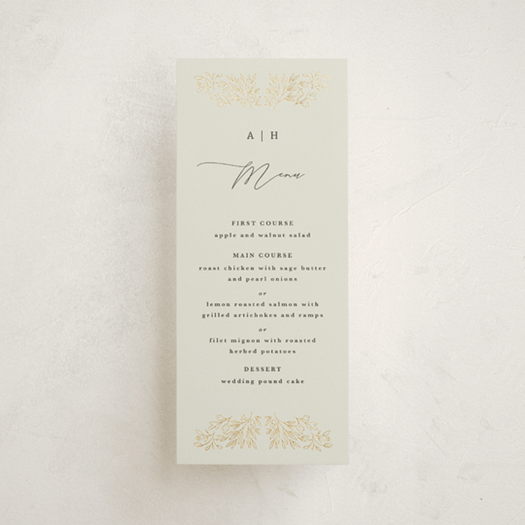 "Foil Botanical Frame" - Foil-Pressed Menus in Taupe by Hannah Williams - Front