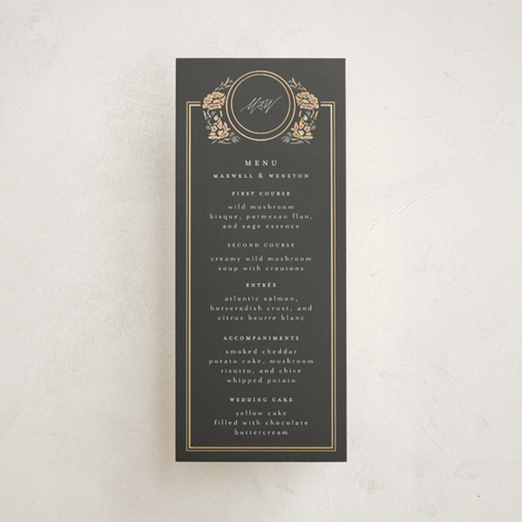 "Timeless Nature" - Foil-Pressed Menus in Ebony by Ana de Sousa - Front