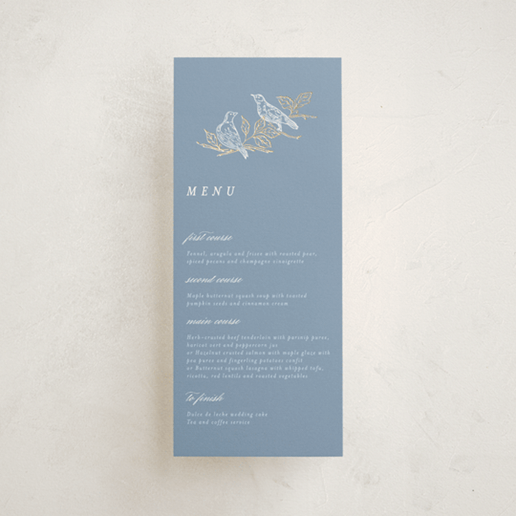 "meet me in the garden" - Foil-Pressed Menus in Cornflower by Grae - Front