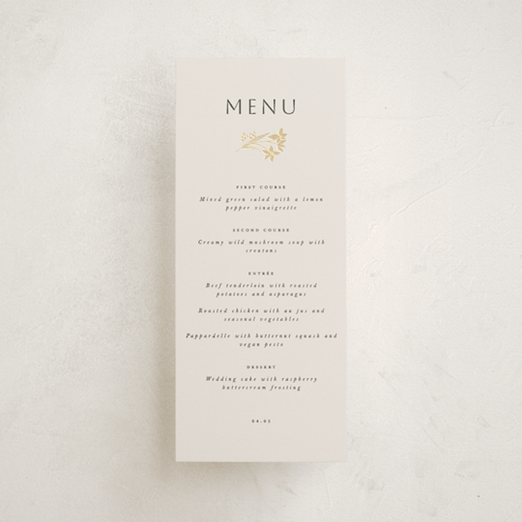 "Floral Border" - Foil-Pressed Menus in Champagne by Leah Bisch - Front