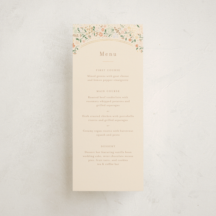"Esther's garden" - Foil-Pressed Menus in Ivory by Jennifer Wick - Front