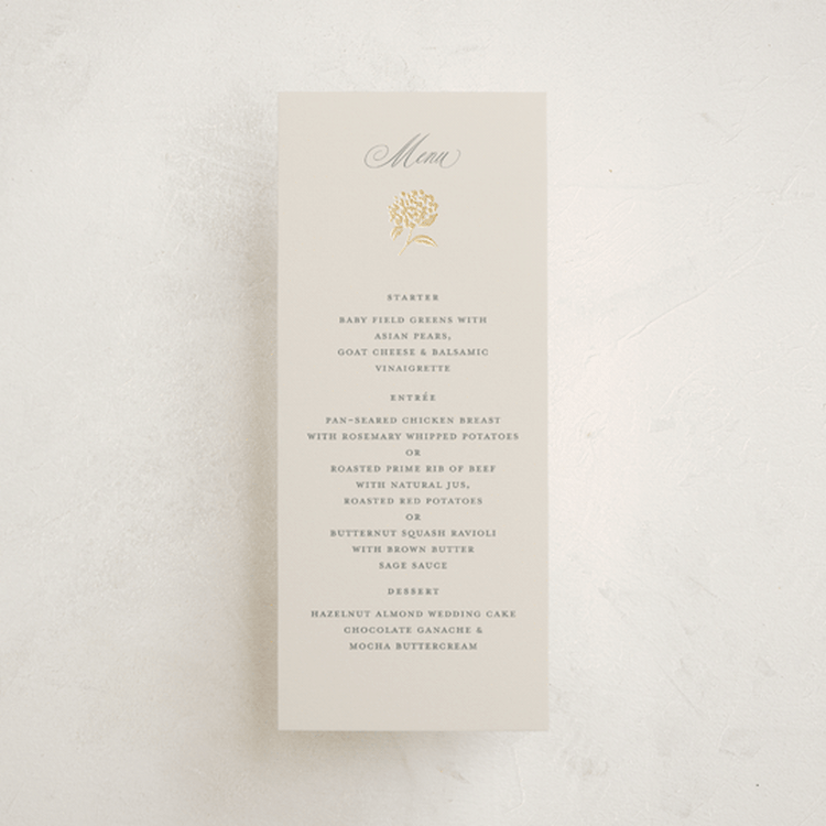 "Shimmering Hydrangeas" - Foil-Pressed Menus in Tea Time by Susan Zinader - Front