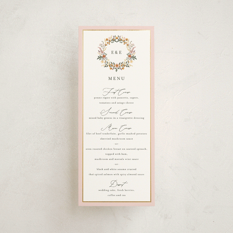 "Blooming Vine" - Foil-Pressed Menus in Blush by Susan Moyal - Front