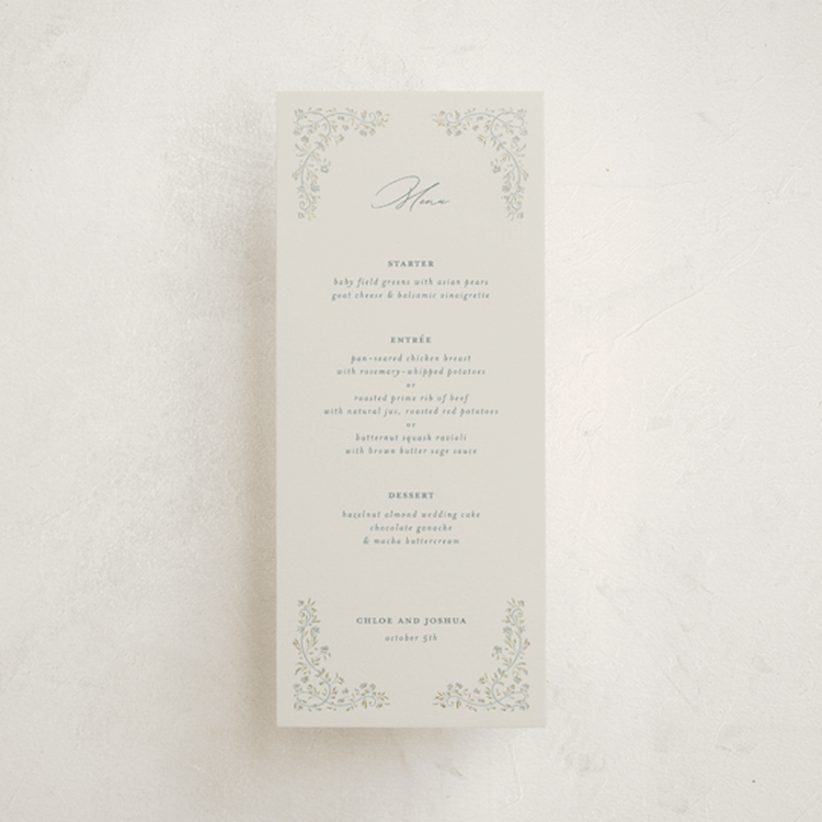 "Floral Romance" - Foil-Pressed Menus in Something Blue by Gwen Bedat - Front