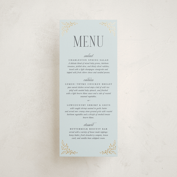 "Enchanted" - Foil-Pressed Menus in Mist by Laura Hankins - Front
