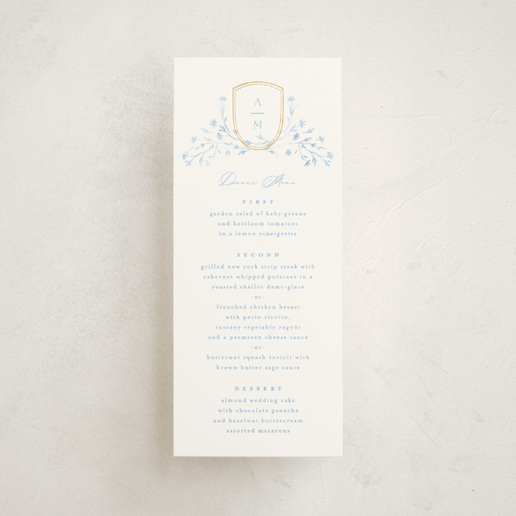 "storybook garden" - Foil-Pressed Menus in Bluebell by Kristie Kern - Front