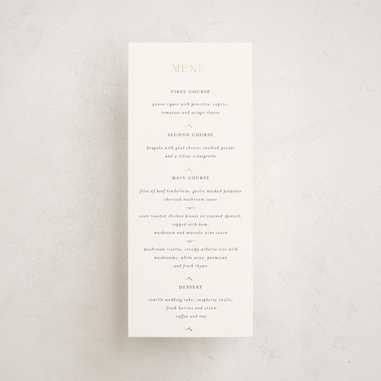 "Delicate Vine" - Foil-Pressed Menus in Alabaster by Susan Moyal - Front