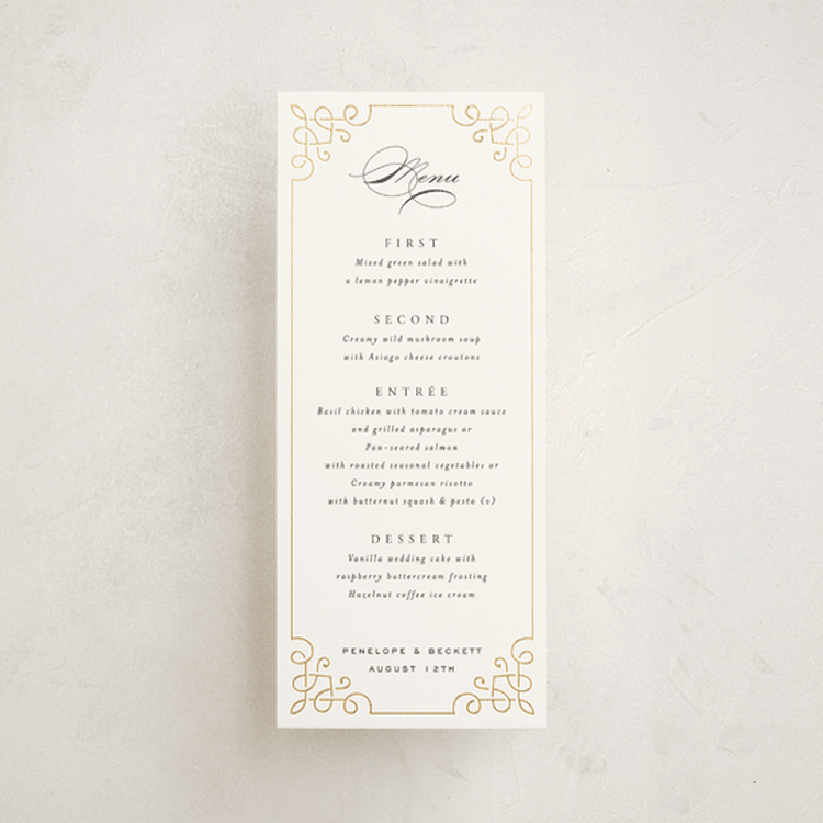"Intertwined" - Foil-Pressed Menus in Pearl by Janean Hinger - Front