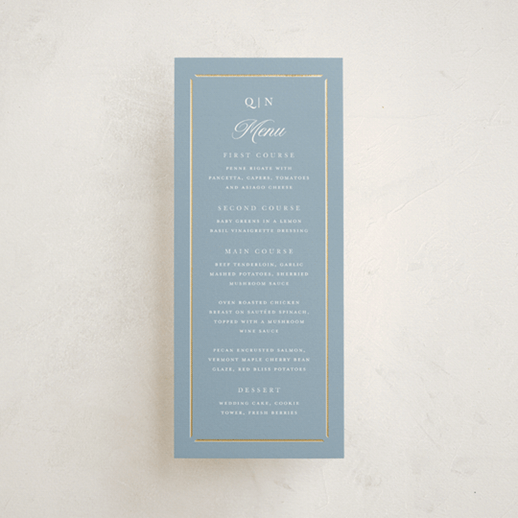 "Elegant bevel" - Foil-Pressed Menus in Dusty Blue by Stacey Meacham - Front