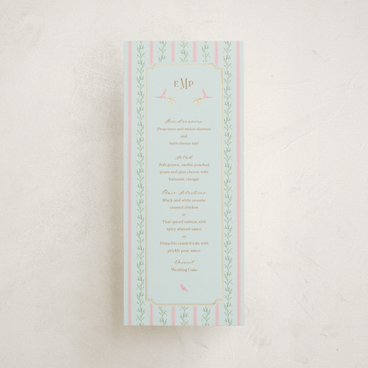 "Castle" - Foil-Pressed Menus in Hummingbird by Claudia Orengo - Front