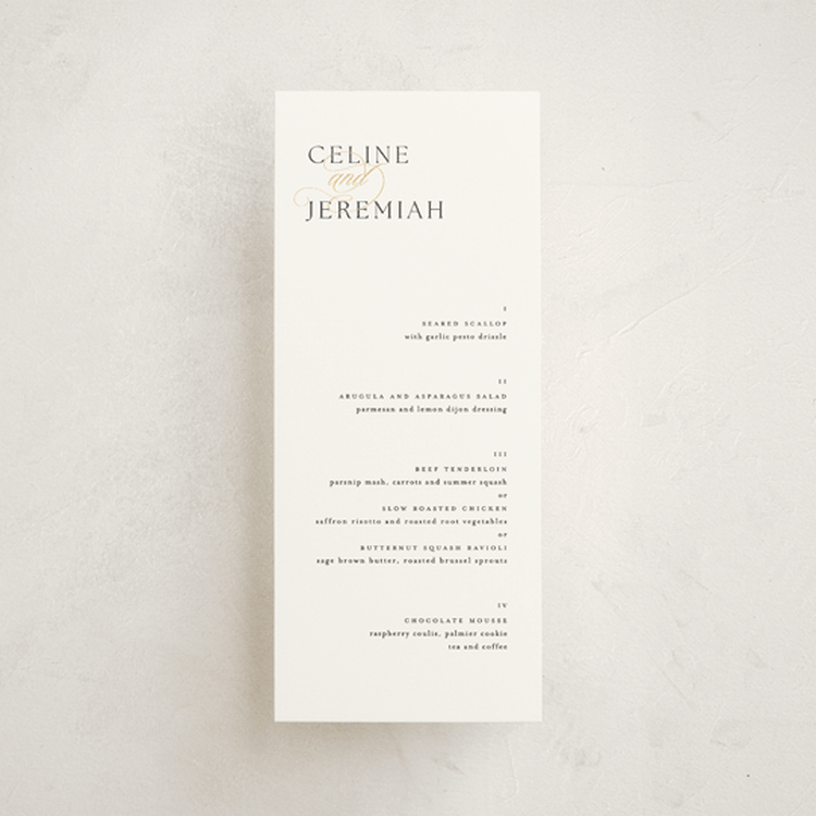 "Left Align" - Foil-Pressed Menus in Silk by Kelly Schmidt - Front