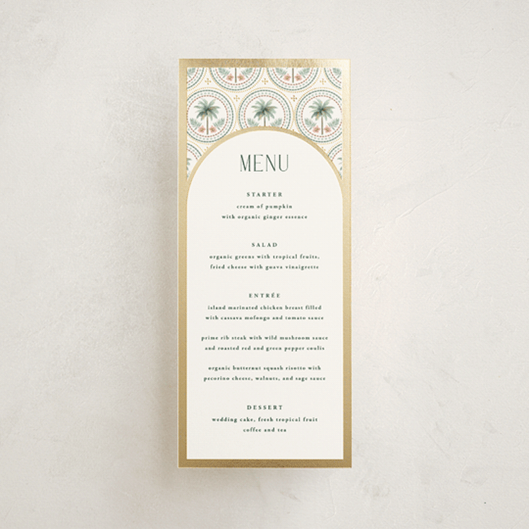 "Vintage Palms" - Foil-Pressed Menus in Sand by Maria Alou - Front
