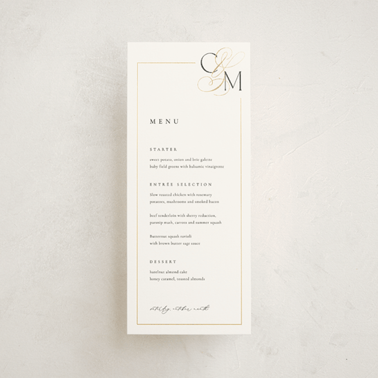 "Golden Ampersand" - Foil-Pressed Menus in Silk by Kelly Schmidt - Front